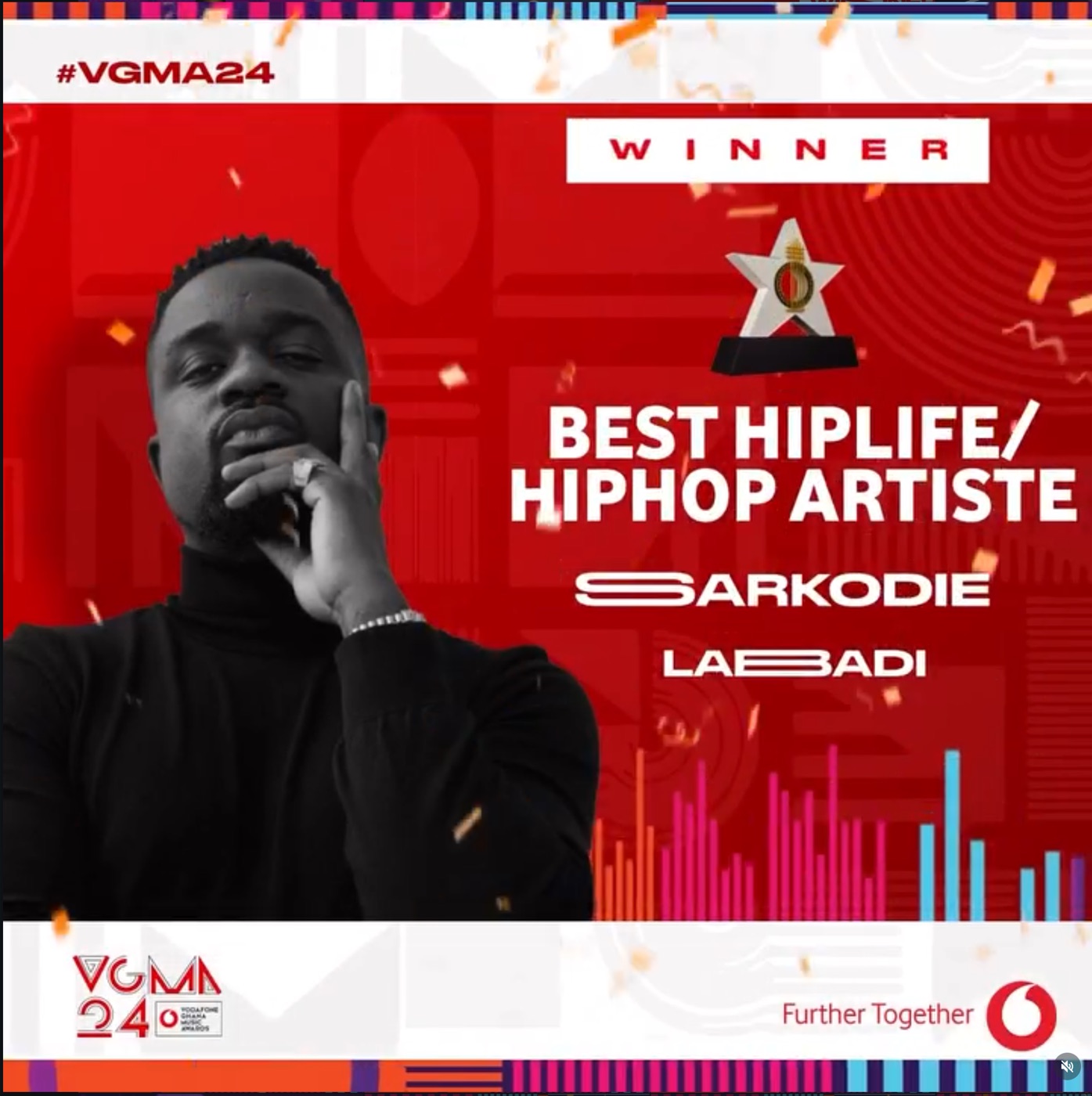 VGMA24 winner announcement card for Best Hiplife and Hiphop Artiste, Sarkodie, produced from the winners' template system